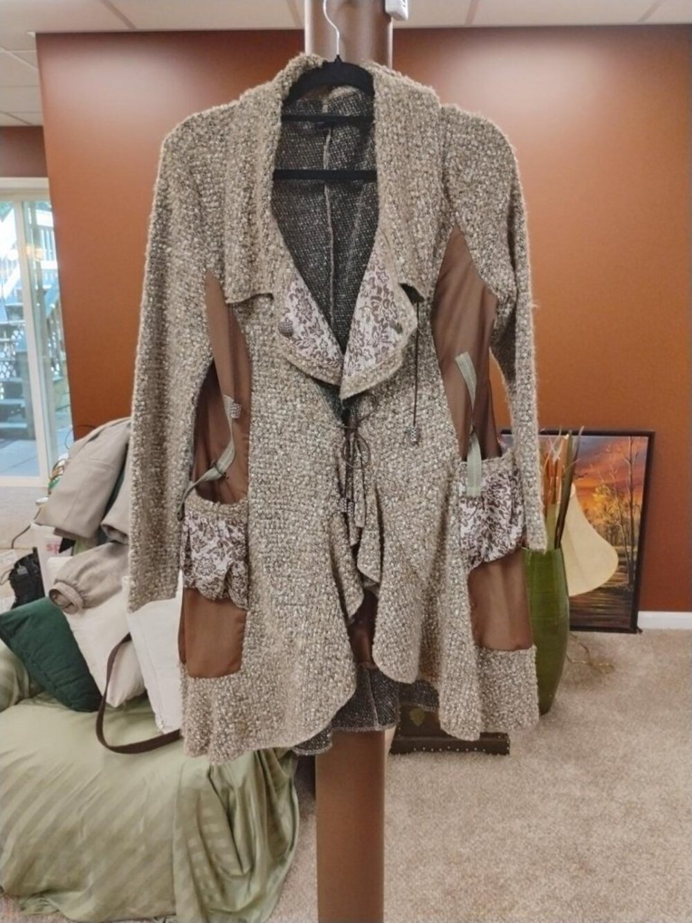 Fantazia L Mixed Media Duster Cardigan Boho Artsy Waterfall Jacket